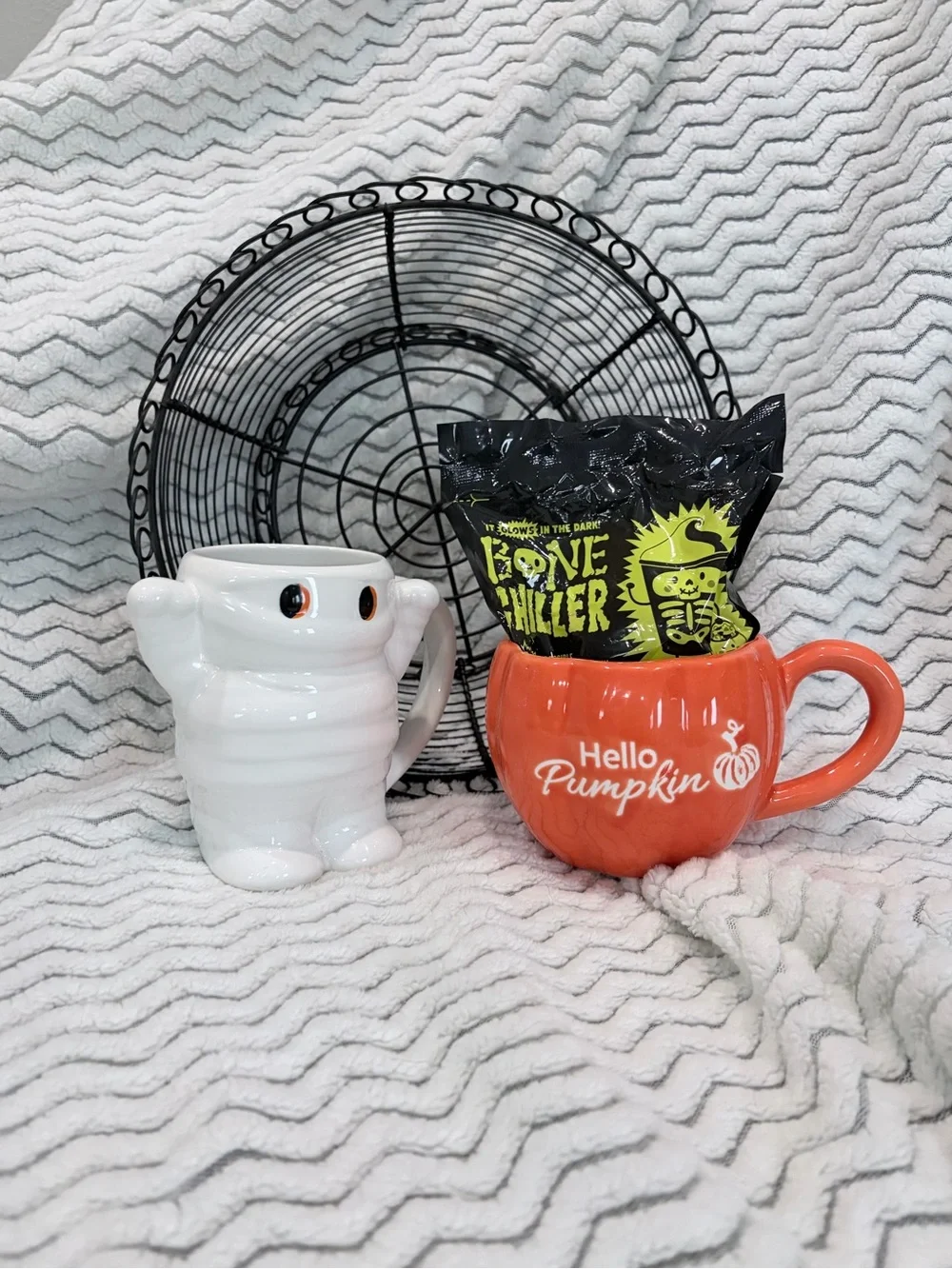 Hello Pumpkin Orange Ceramic Mug with White Ghost Accent Mug